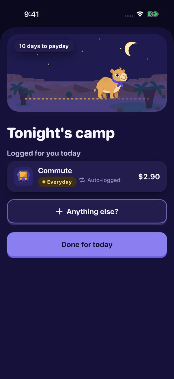 Tonight's camp: the commute logged for you, Done for today