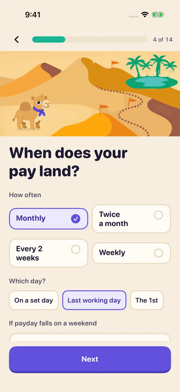 Choosing when pay lands, with the next payday previewed